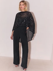 Lipsy Black 2-In-1 Sequin Cape Jersey Straight Leg Jumpsuit - Image 1 of 6