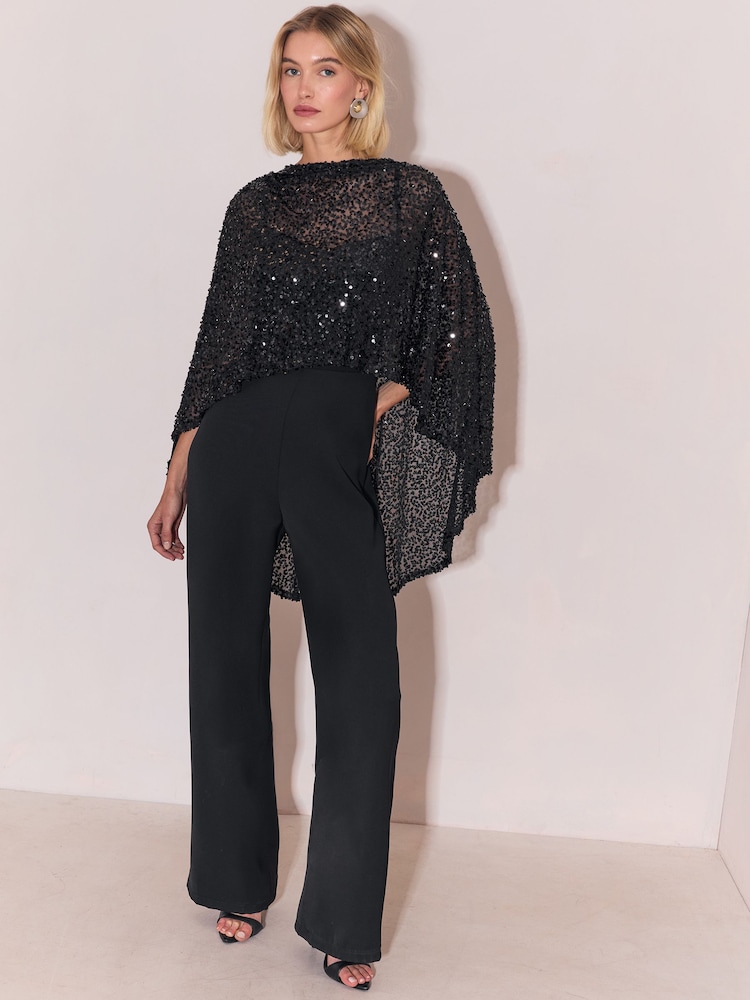 Lipsy Black 2-In-1 Sequin Cape Jersey Straight Leg Jumpsuit - Image 1 of 6
