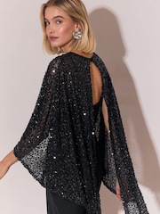 Lipsy Black 2-In-1 Sequin Cape Jersey Straight Leg Jumpsuit - Image 4 of 6