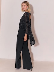 Lipsy Black 2-In-1 Sequin Cape Jersey Straight Leg Jumpsuit - Image 5 of 6