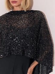 Lipsy Black 2-In-1 Sequin Cape Jersey Straight Leg Jumpsuit - Image 6 of 6