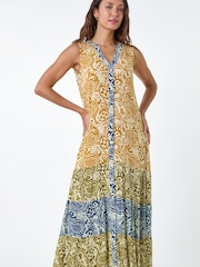 Roman Yellow Patchwork Print Tiered Maxi Dress - Image 3 of 5