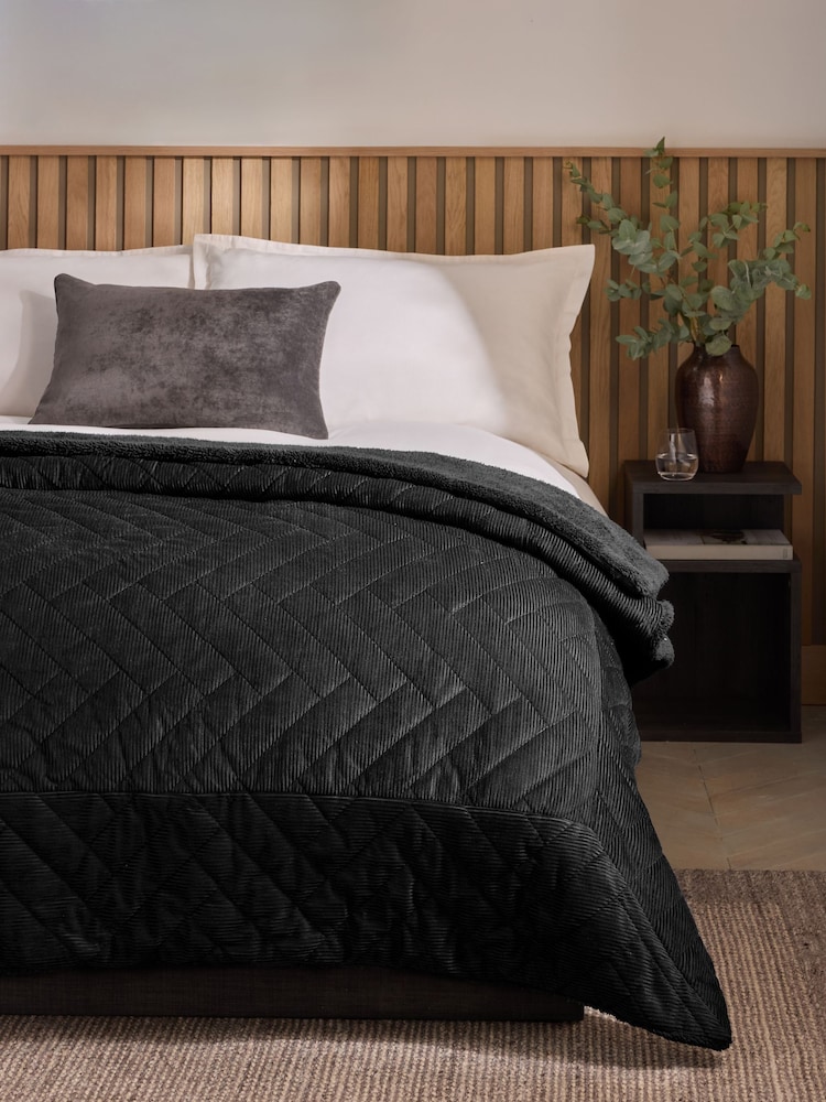 Charcoal Grey Quilted Cord Sherpa Reverse Throw - Image 1 of 4