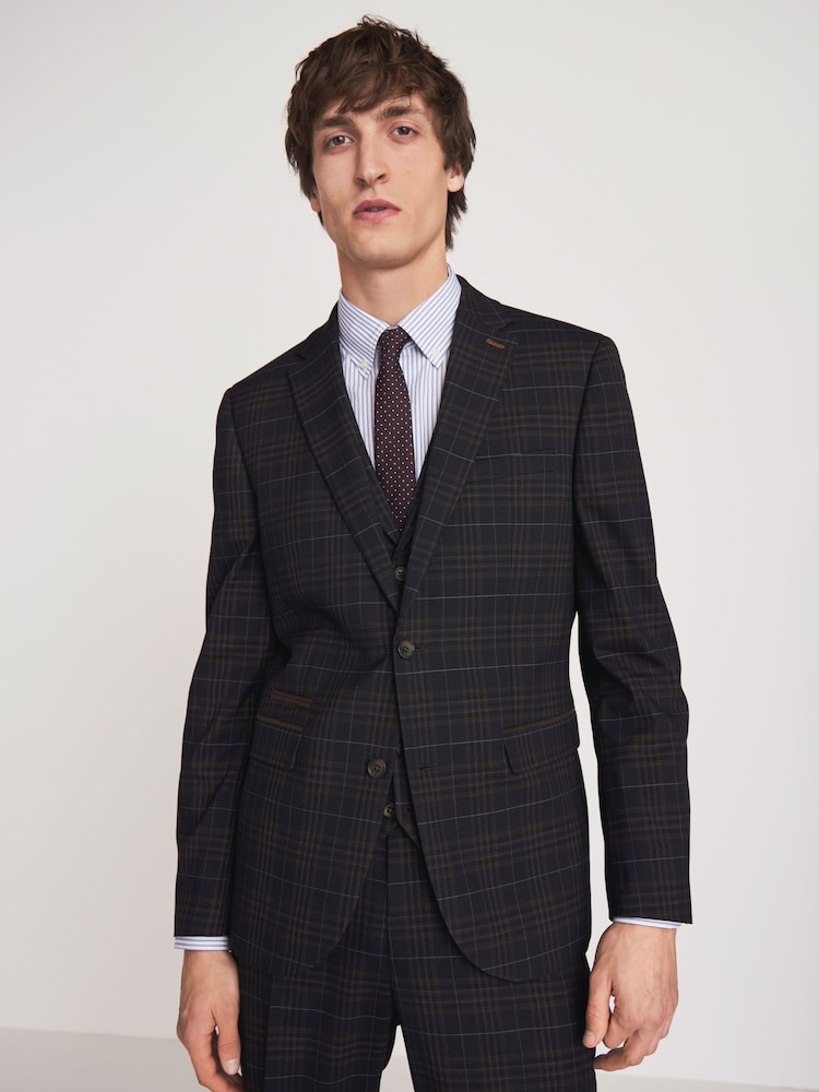 Navy/Tan Slim Fit Check Suit: Jacket - Image 1 of 10