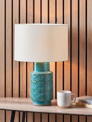 Pacific Teal Blue Sidra Aquamarine Stoneware Etch Detail Table Lamp - Image 1 of 6
