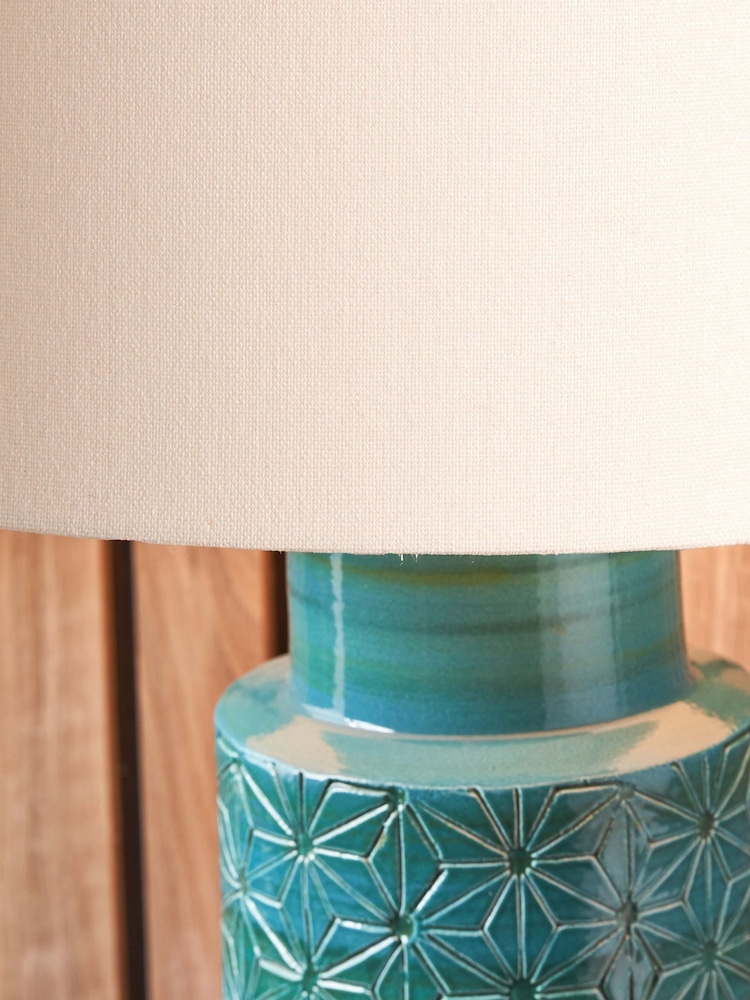 Pacific Teal Blue Sidra Aquamarine Stoneware Etch Detail Table Lamp - Image 2 of 6