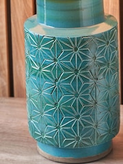Pacific Teal Blue Sidra Aquamarine Stoneware Etch Detail Table Lamp - Image 3 of 6