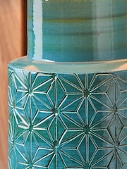 Pacific Teal Blue Sidra Aquamarine Stoneware Etch Detail Table Lamp - Image 4 of 6
