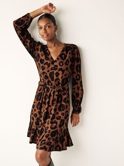 Brown Long Sleeve Mini V-Neck Dress - Image 1 of 6