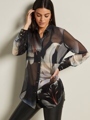 Navy Blue Lily Placement Print Gold Button Detail Sheer Long Sleeve Shirt - Image 1 of 6