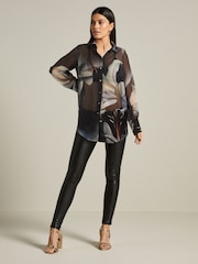Navy Blue Lily Placement Print Gold Button Detail Sheer Long Sleeve Shirt - Image 2 of 6