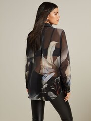Navy Blue Lily Placement Print Gold Button Detail Sheer Long Sleeve Shirt - Image 3 of 6