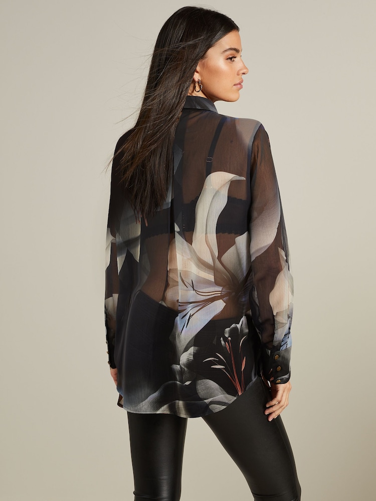 Navy Blue Lily Placement Print Gold Button Detail Sheer Long Sleeve Shirt - Image 3 of 6