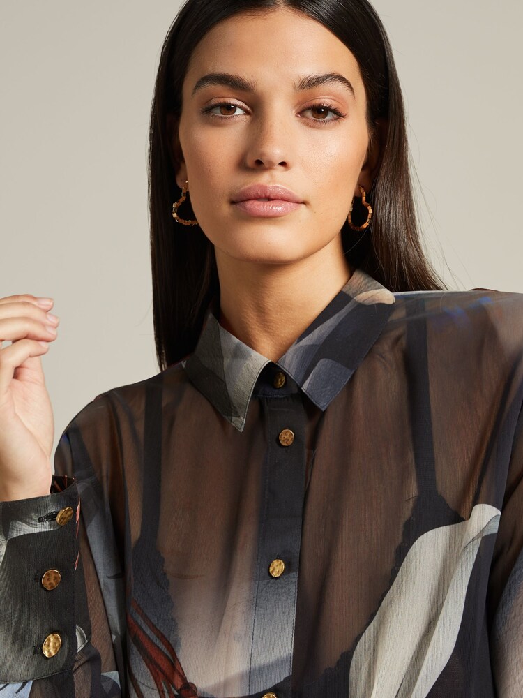 Navy Blue Lily Placement Print Gold Button Detail Sheer Long Sleeve Shirt - Image 4 of 6