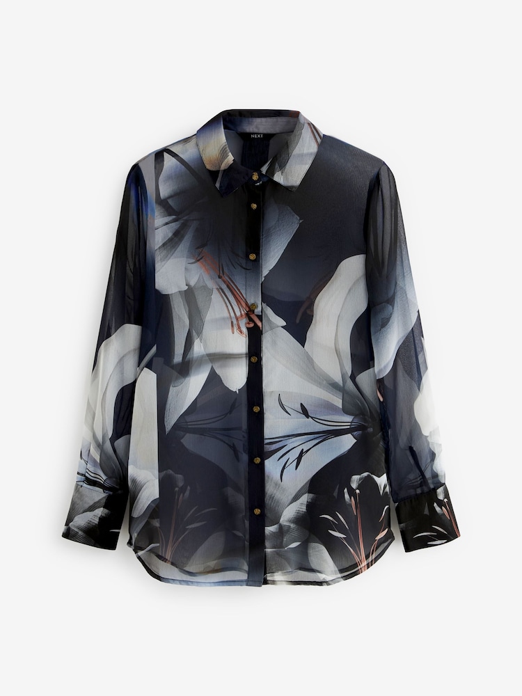 Navy Blue Lily Placement Print Gold Button Detail Sheer Long Sleeve Shirt - Image 6 of 6