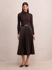 Forever New Brown Gianna Faux Leather Pleated Midi Dress - Image 1 of 4