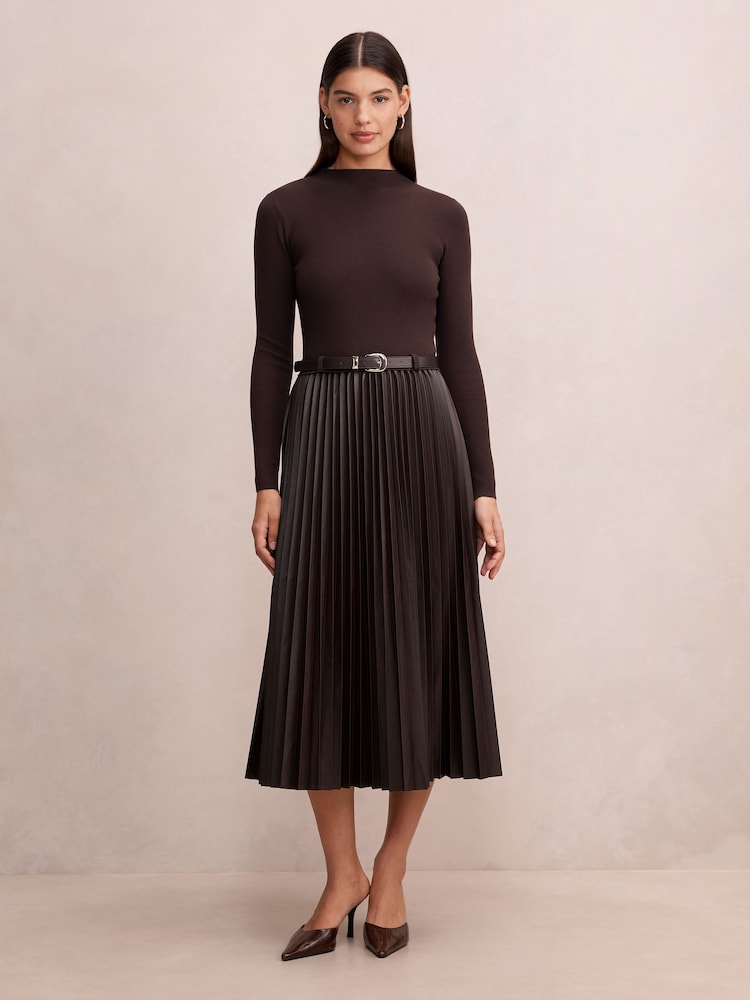 Forever New Brown Gianna Faux Leather Pleated Midi Dress - Image 1 of 4