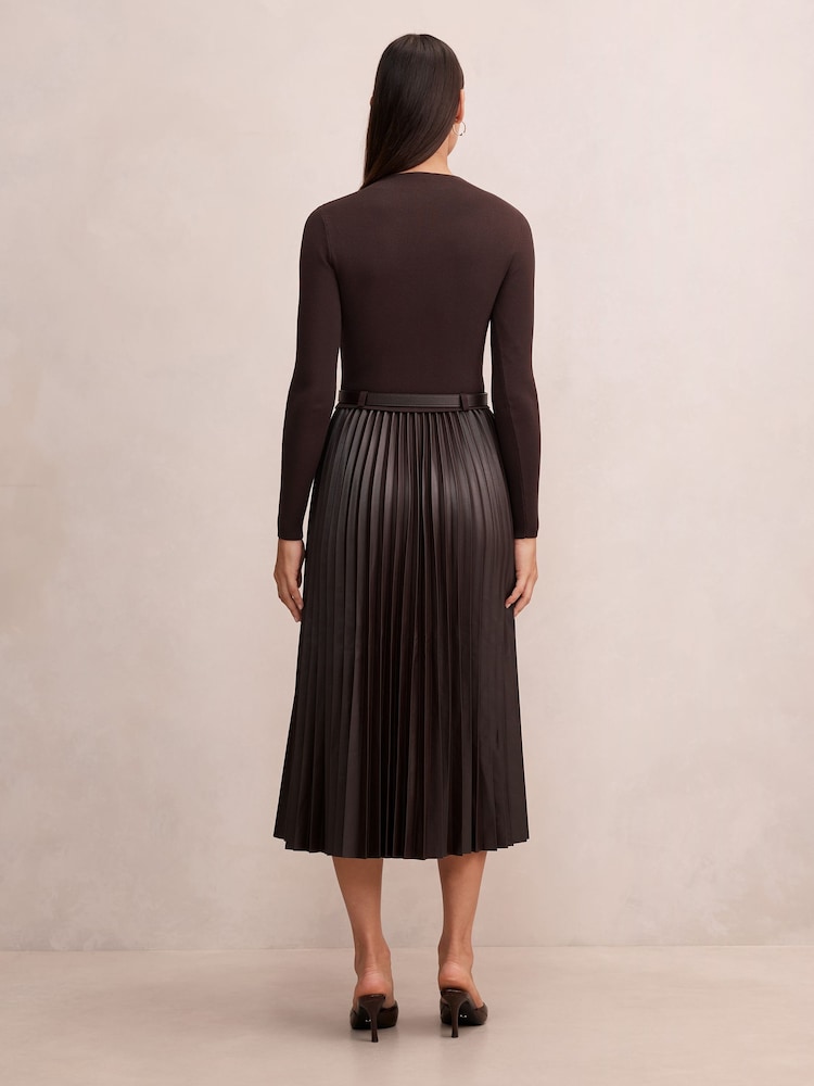 Forever New Brown Gianna Faux Leather Pleated Midi Dress - Image 2 of 4