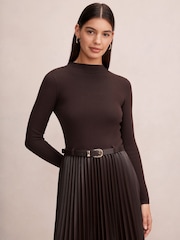 Forever New Brown Gianna Faux Leather Pleated Midi Dress - Image 3 of 4