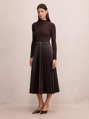 Forever New Brown Gianna Faux Leather Pleated Midi Dress - Image 4 of 4