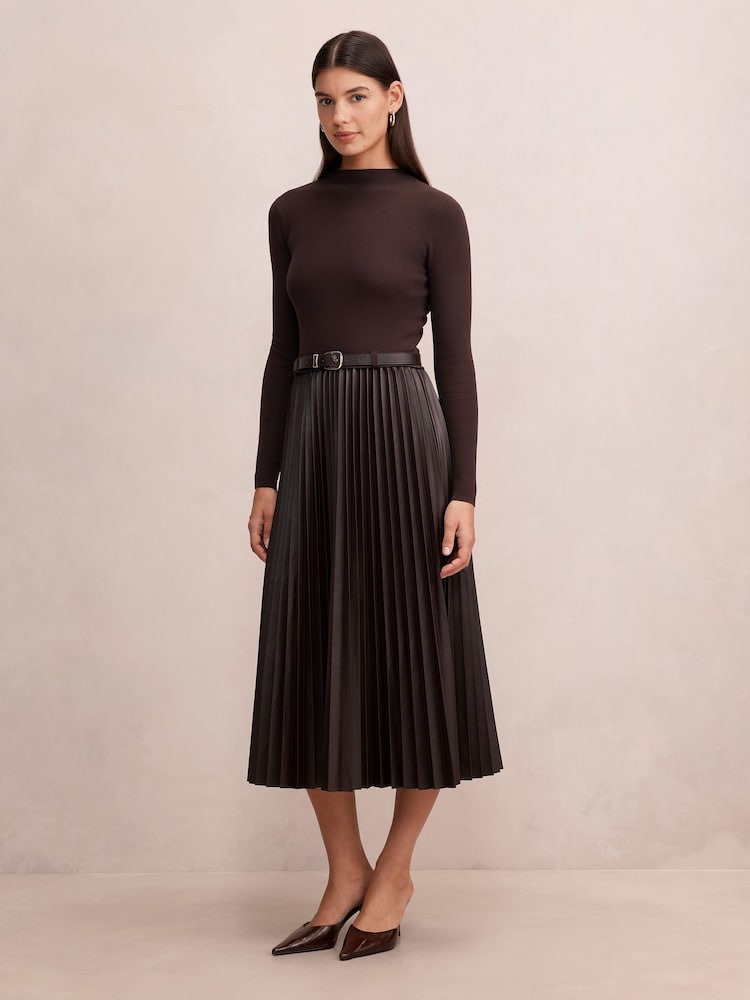 Forever New Brown Gianna Faux Leather Pleated Midi Dress - Image 4 of 4