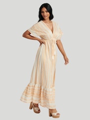 Gold - South Beach 100% Cotton Metallic Jacquard V-Neck Maxi Dress - Bild 3 von 5
