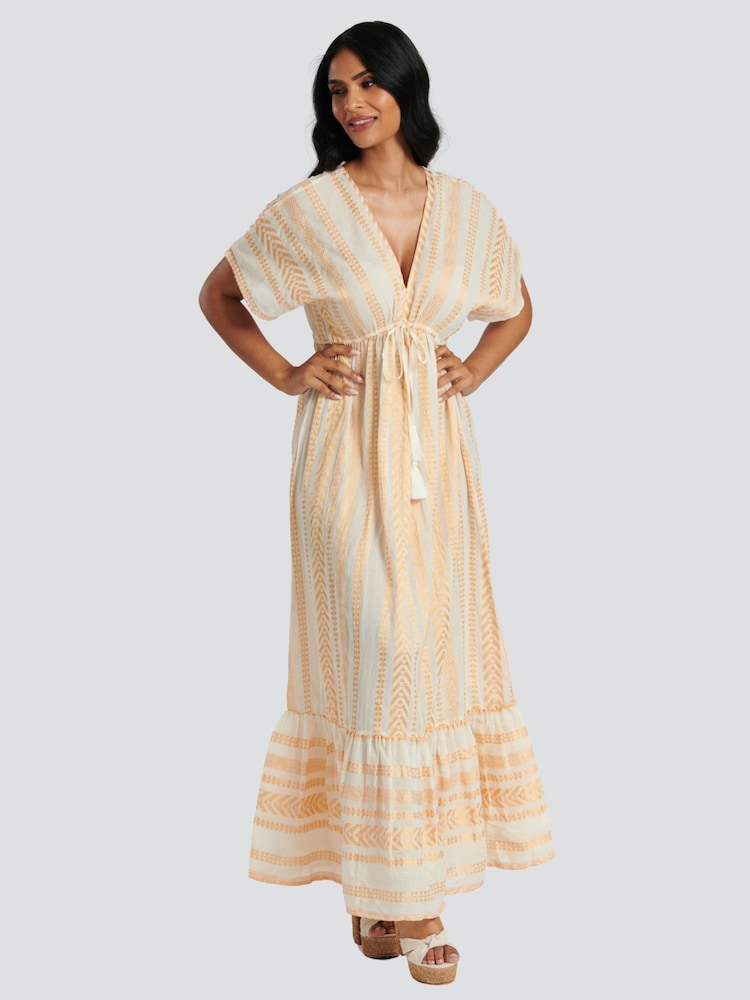 Gold - South Beach 100% Cotton Metallic Jacquard V-Neck Maxi Dress - Bild 5 von 5