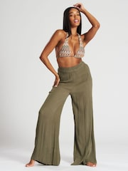 South Beach Green Crinkle Vicose Wide Leg Trousers - Image 1 of 4