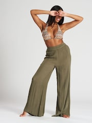 South Beach Green Crinkle Vicose Wide Leg Trousers - Image 4 of 4
