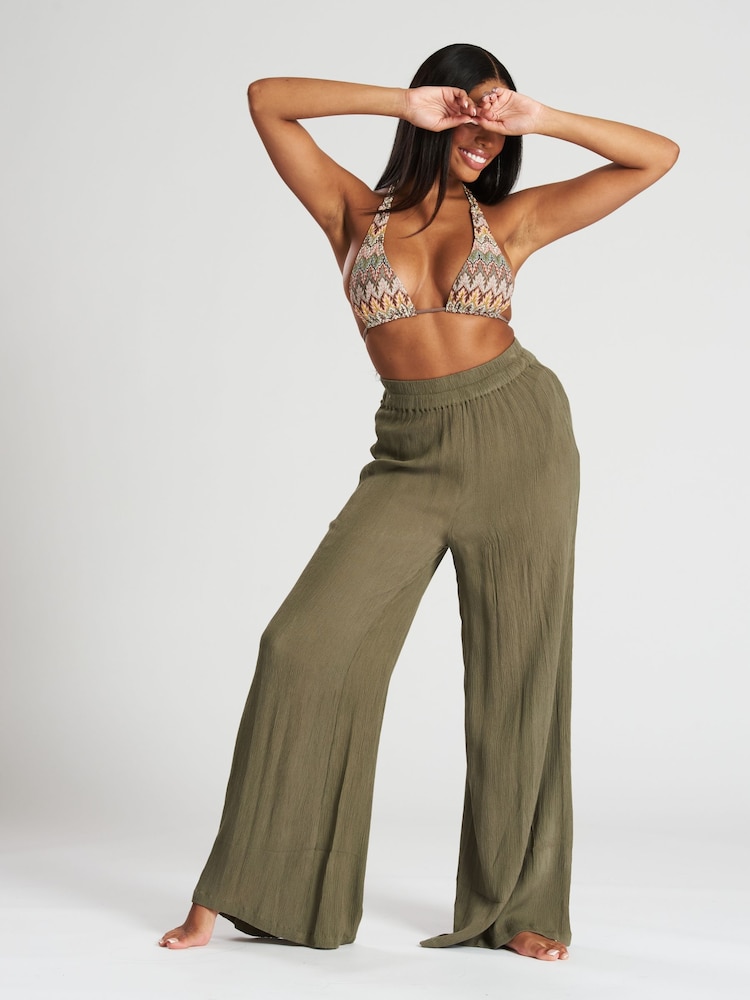 South Beach Green Crinkle Vicose Wide Leg Trousers - Image 4 of 4