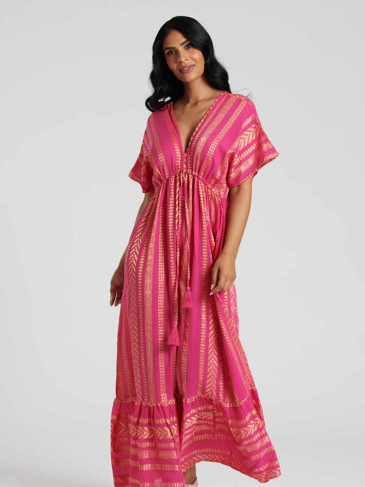South Beach Pink 100% Cotton Metallic Jacquard V-Neck Maxi Dress - Image 1 of 5