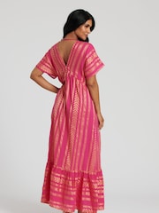 South Beach Pink 100% Cotton Metallic Jacquard V-Neck Maxi Dress - Image 2 of 5