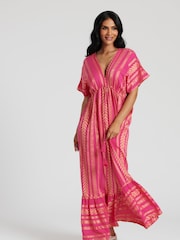 South Beach Pink 100% Cotton Metallic Jacquard V-Neck Maxi Dress - Image 3 of 5