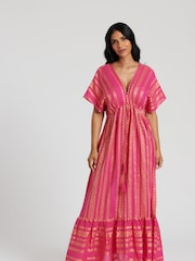 South Beach Pink 100% Cotton Metallic Jacquard V-Neck Maxi Dress - Image 4 of 5