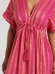 South Beach Pink 100% Cotton Metallic Jacquard V-Neck Maxi Dress - Image 5 of 5