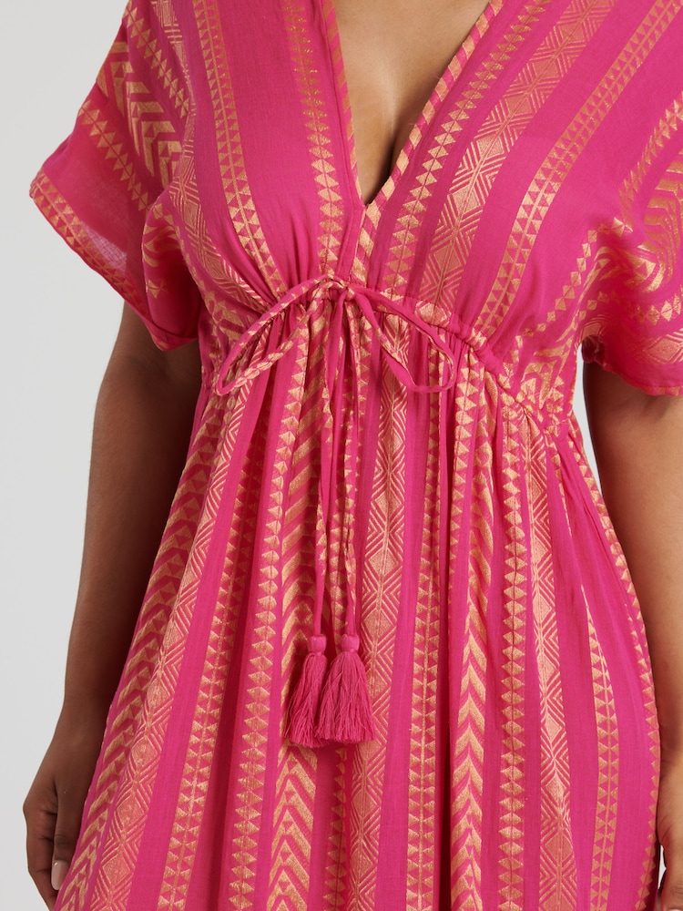 South Beach Pink 100% Cotton Metallic Jacquard V-Neck Maxi Dress - Image 5 of 5