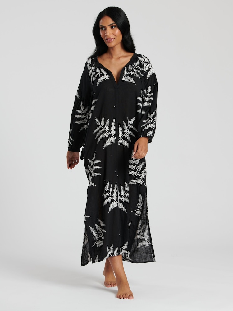 South Beach Black 100% Cotton Palm Emboridered Maxi Dress - Image 1 of 4