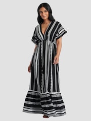Negru - South Beach 100% Cotton Brodeed Jacquard Decolteu în V Tired Rochie lungă - Imaginea 1 din 4