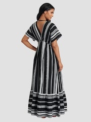 Negru - South Beach 100% Cotton Brodeed Jacquard Decolteu în V Tired Rochie lungă - Imaginea 2 din 4