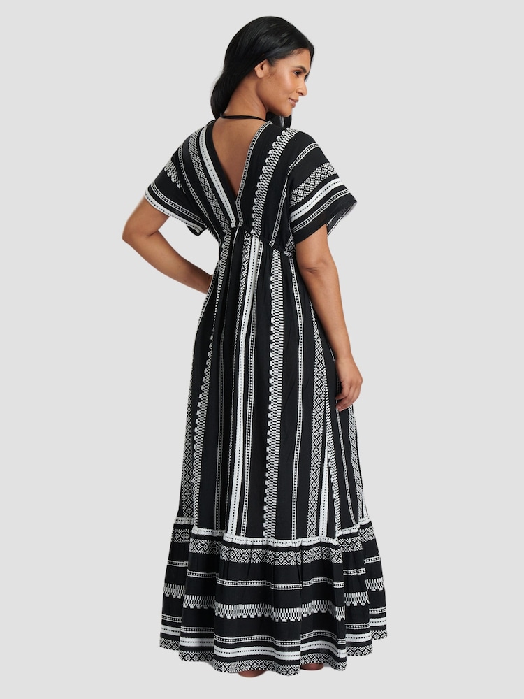 Negru - South Beach 100% Cotton Brodeed Jacquard Decolteu în V Tired Rochie lungă - Imaginea 2 din 4