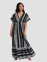 Negru - South Beach 100% Cotton Brodeed Jacquard Decolteu în V Tired Rochie lungă - Imaginea 3 din 4
