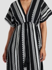Negru - South Beach 100% Cotton Brodeed Jacquard Decolteu în V Tired Rochie lungă - Imaginea 4 din 4