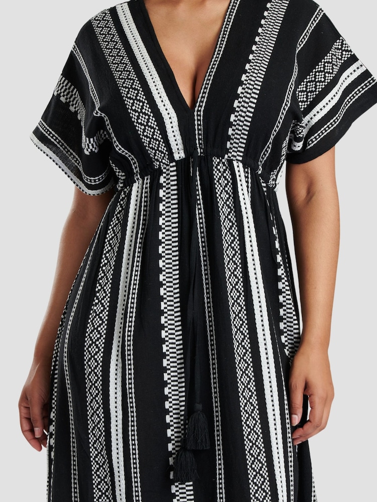 Negru - South Beach 100% Cotton Brodeed Jacquard Decolteu în V Tired Rochie lungă - Imaginea 4 din 4