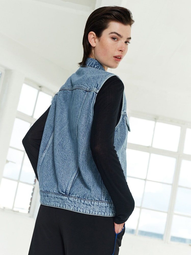 Mid Blue Sleeveless Denim Gilet Jacket - Image 3 of 6