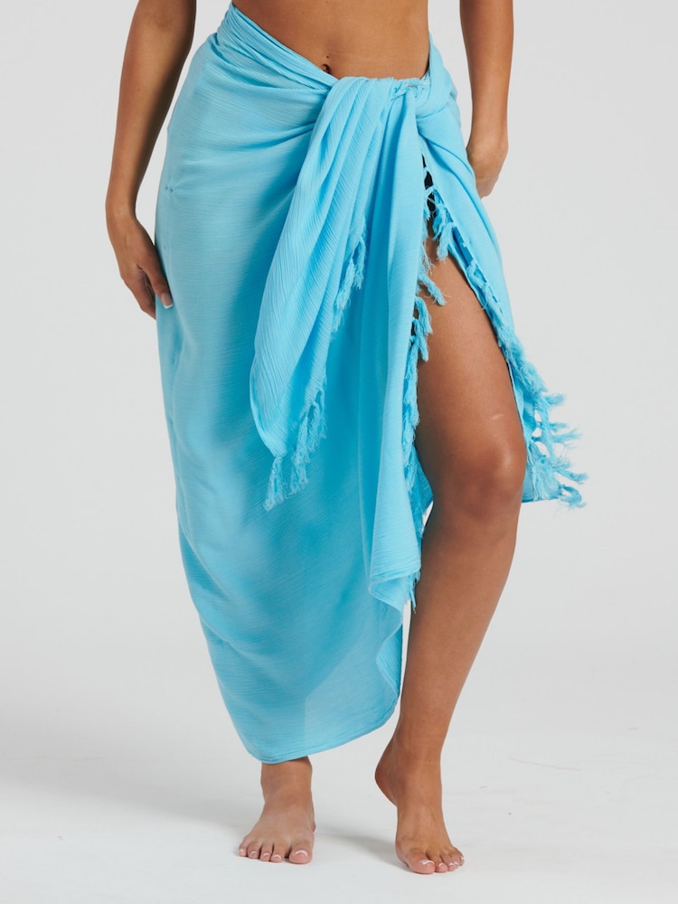 South Beach Blue Crinkle Viscose Fringed Sarong - Image 5 of 5