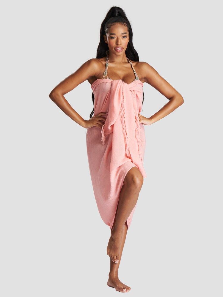 South Beach Peach Crinkle Viscose Fringed Sarong - Image 5 of 5
