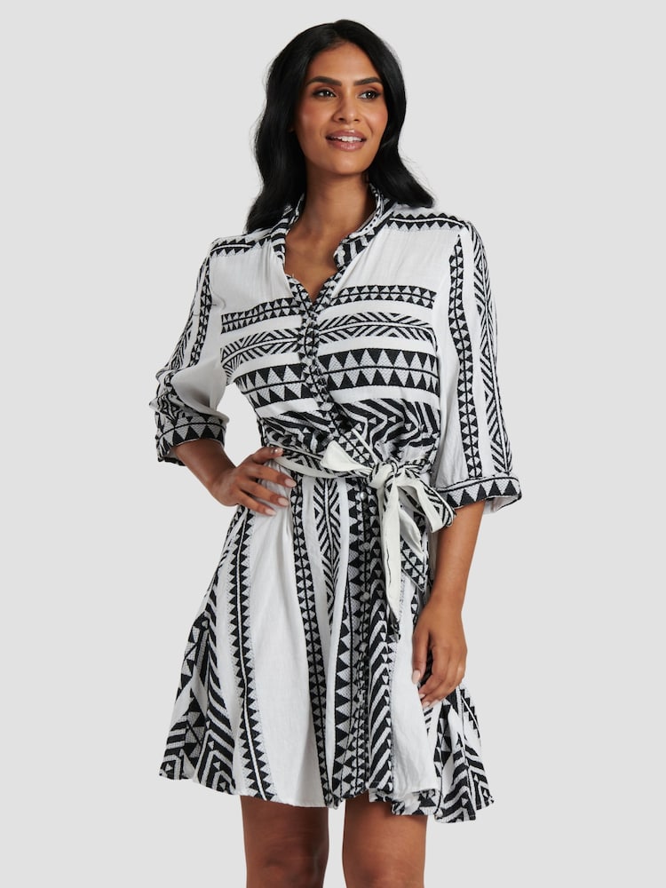 South Beach Black Jacquard Tie Waist Short Sleeve Dress - Image 1 of 5