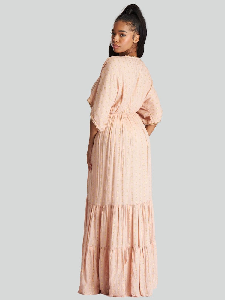 South Beach Brown Metallic Jacquard Spot Tiered Maxi Dress - Image 2 of 5