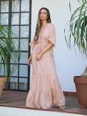 South Beach Brown Metallic Jacquard Spot Tiered Maxi Dress - Image 3 of 5
