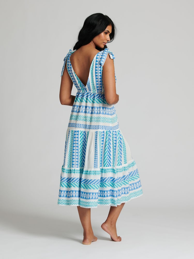 South Beach Blue Jacquard Tie Shoulder Below The Knee Dress - Image 2 of 4 South Beach Blue Jacquard Tie Shoulder Below The Knee Dress - Image 2 of 4